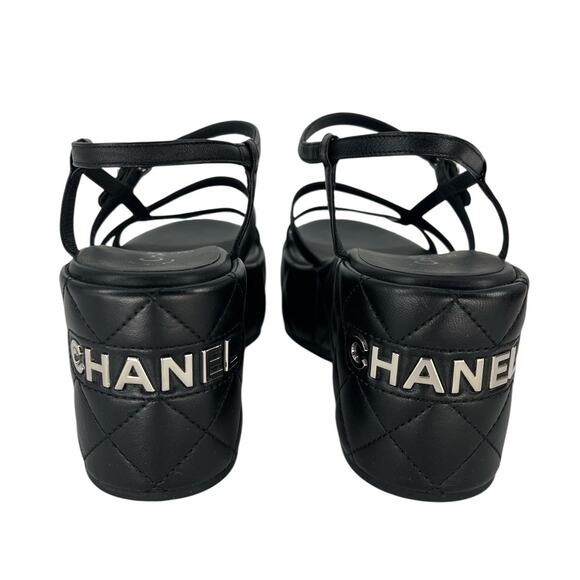Chanel 2023 Calfskin Quilted Slingback Wedge Logo Sandals - Picture 9 of 16